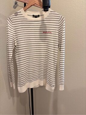 Banana Republic White Crewneck Sweater with Navy Stripes and Red Embroidery